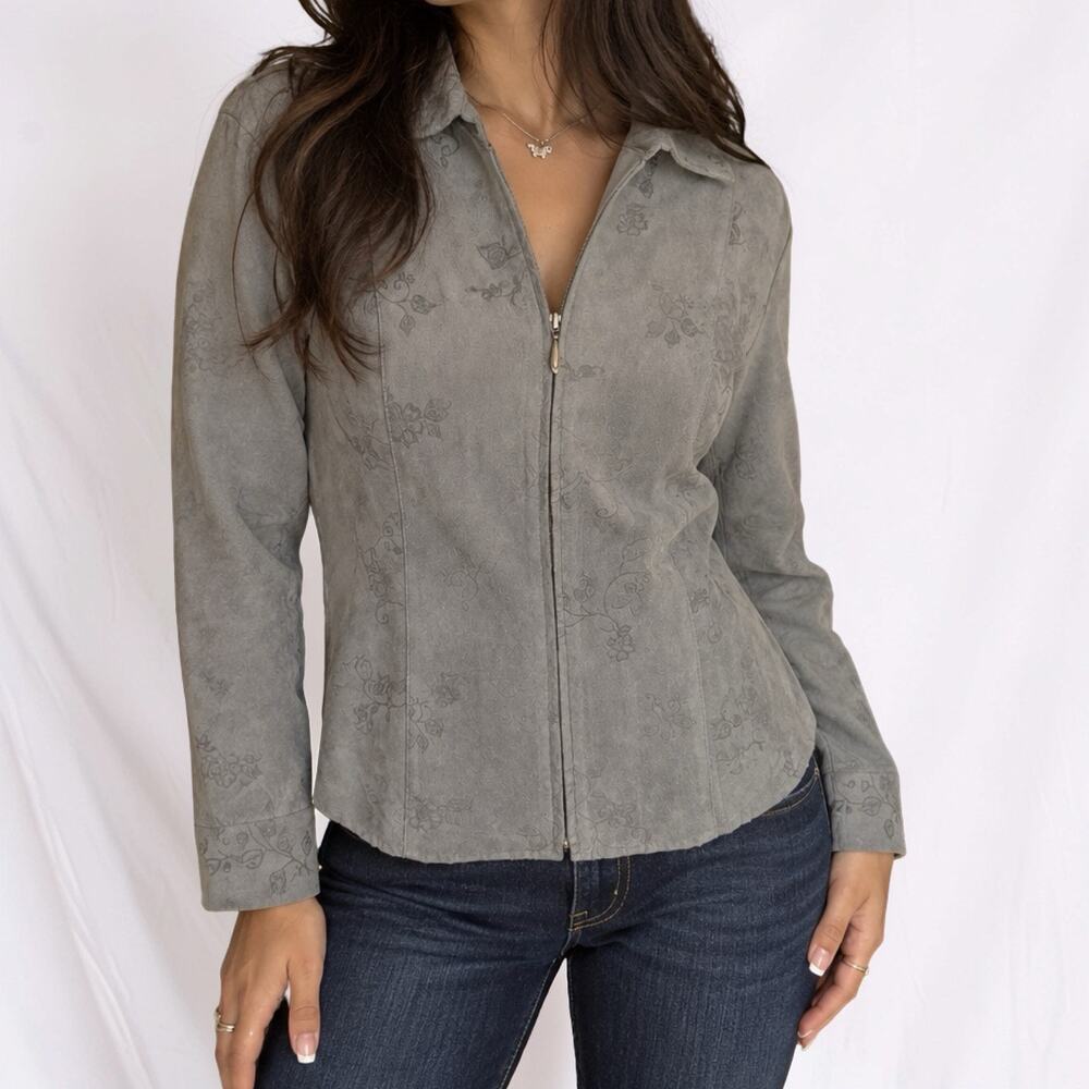 Y2K Croft & Barrow Gray Tonal Floral Faux Suede Zip Jacket Petite Medium